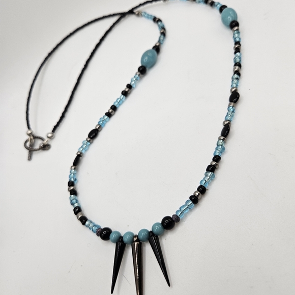 Boho Aqua Marine & Black Spiked 30" Beaded Necklace - Picture 7 of 10